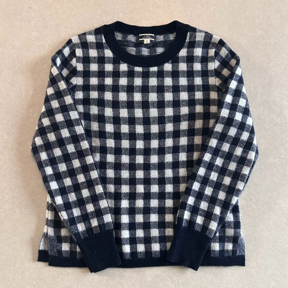 J. Crew Navy Cashmere Gingham Sweater ASO Wednesday Addams